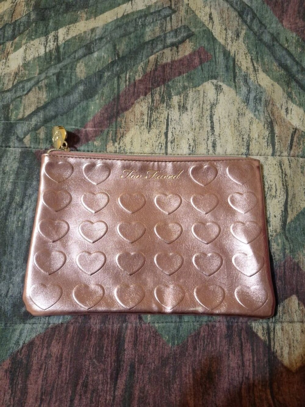 Too Faced Metallic Pink Heart Cosmetic Makeup Bag